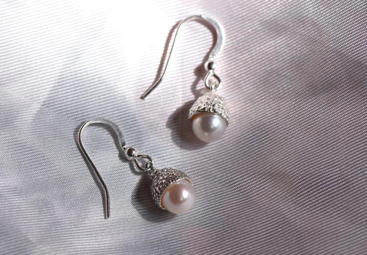 Tomfoolery Acorn & Pearl Drop Earrings in Silver Outlet
