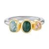 Tomfoolery Aquamarine, Green Tourmaline & Morganite Three Stone Rounded Band Ring Hot