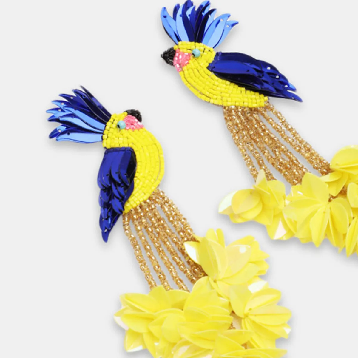 Tomfoolery Bird of Paradise Beaded Yellow Earrings New