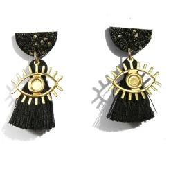 Tomfoolery Black & Gold Eye Tassle Drop Earrings Fashion