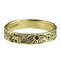 Tomfoolery Black Diamond & 9ct Yellow Gold Wide Moon Crater Textured Ring Clearance