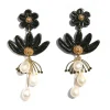 Tomfoolery Black Flower & Pearl Drop Earrings Hot