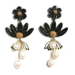 Tomfoolery Black Flower & Pearl Drop Earrings Hot
