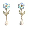 Tomfoolery Blue Flower & Pearl Drop Earrings New