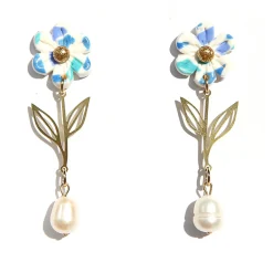 Tomfoolery Blue Flower & Pearl Drop Earrings New