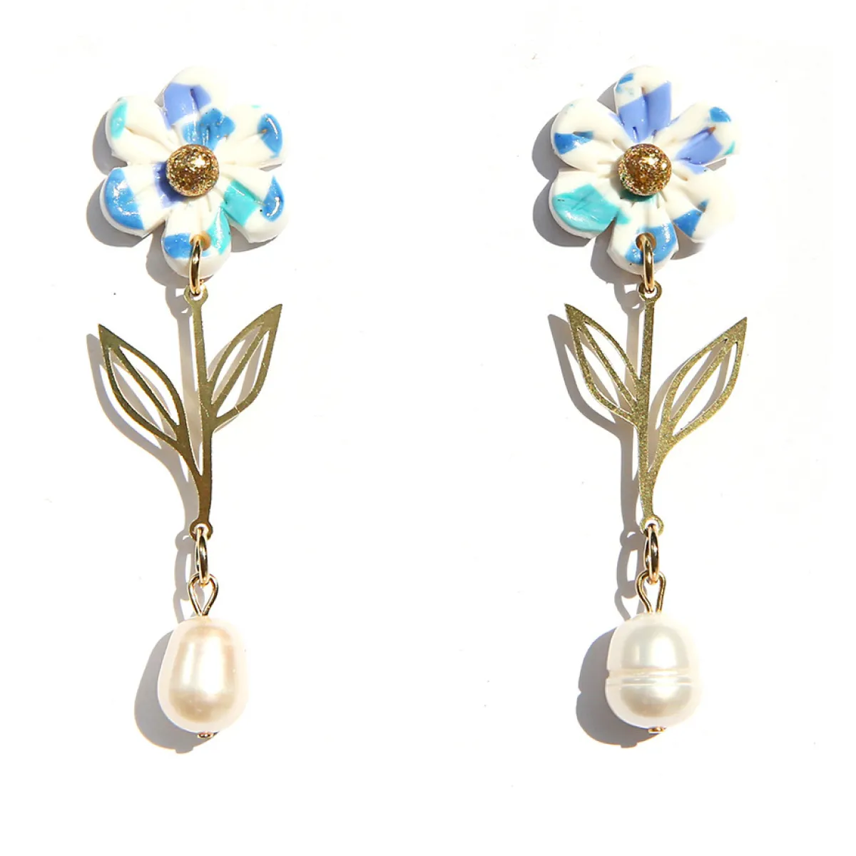 Tomfoolery Blue Flower & Pearl Drop Earrings New