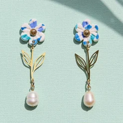 Tomfoolery Blue Flower & Pearl Drop Earrings New