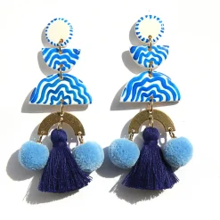 Tomfoolery Blue Hand-Painted Pom Pom Drop Earrings Hot