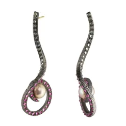 Tomfoolery Blush Pearl & Sapphire Oxidised Silver Drop Earrings Outlet