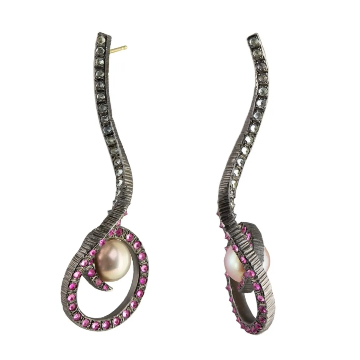 Tomfoolery Blush Pearl & Sapphire Oxidised Silver Drop Earrings Outlet