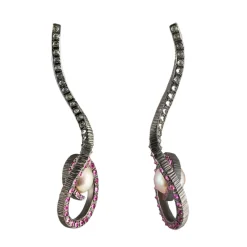 Tomfoolery Blush Pearl & Sapphire Oxidised Silver Drop Earrings Outlet