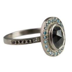 Tomfoolery 18ct White Gold Black Oval Rose Cut & Blue Diamond Ring Sale