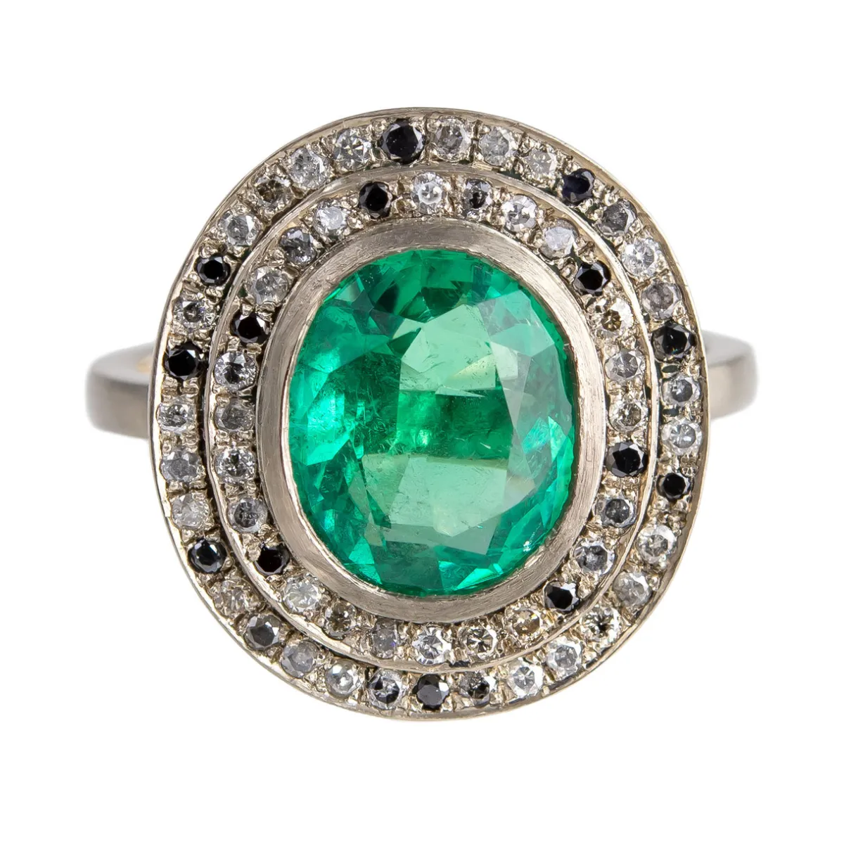 Tomfoolery 18ct White Gold Emerald Double Mottled Halo Diamond Ring Fashion
