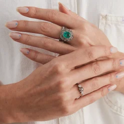 Tomfoolery 18ct White Gold Emerald Double Mottled Halo Diamond Ring Fashion