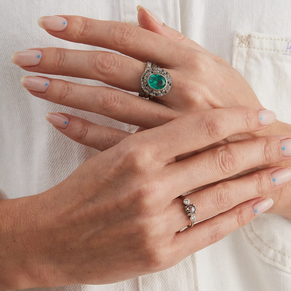 Tomfoolery 18ct White Gold Emerald Double Mottled Halo Diamond Ring Fashion