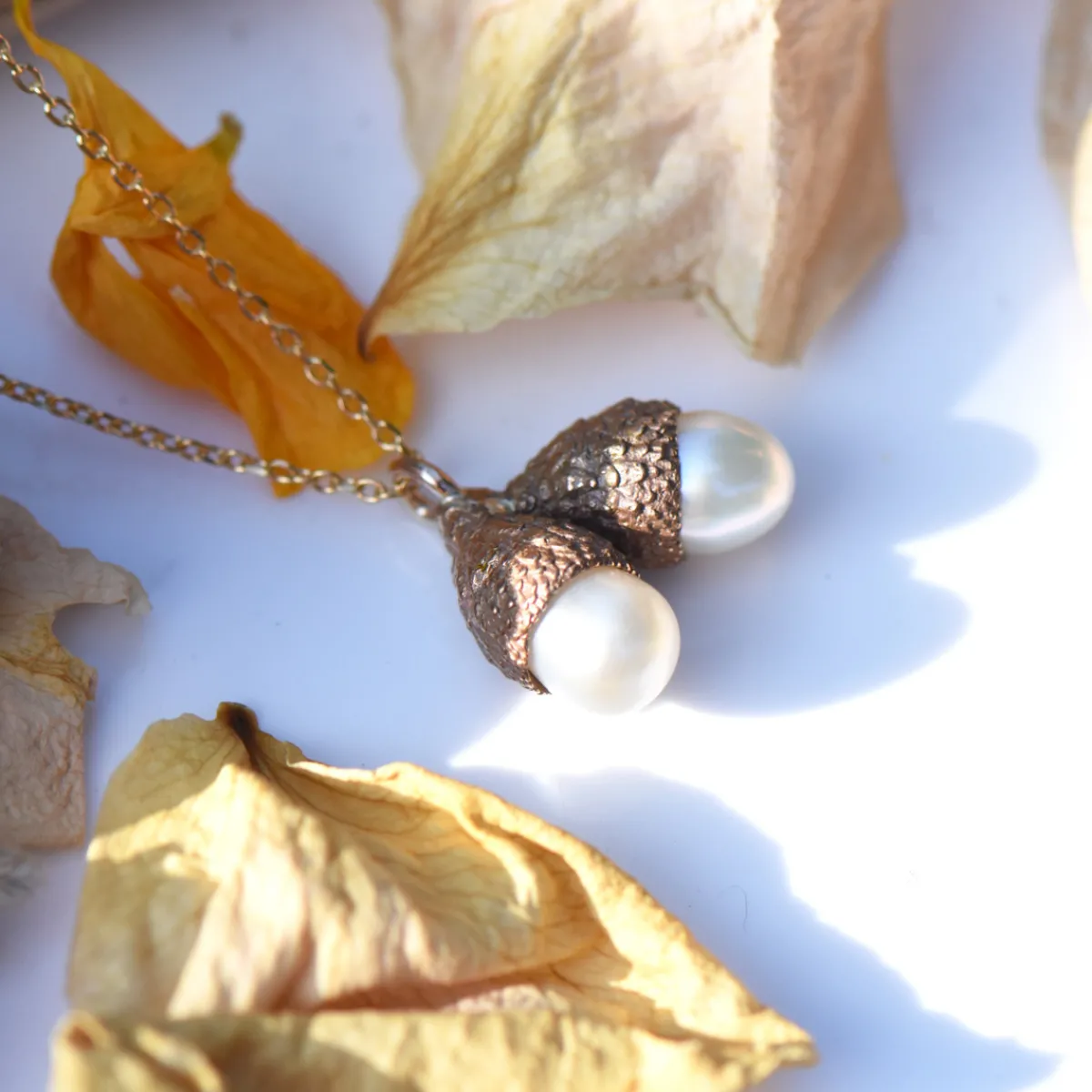 Tomfoolery Double Cup Silver & Purple Pearl Acorn Necklace Hot