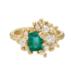 Tomfoolery Emerald & Diamond Sweeping Cluster Art Ring New