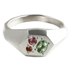 Tomfoolery Faceted Signet Ring with Green Tourmaline, Orange & Pink Sapphires Clearance