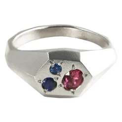 Tomfoolery Faceted Signet Ring with Pink Tourmaline, Purple & Blue Sapphires New