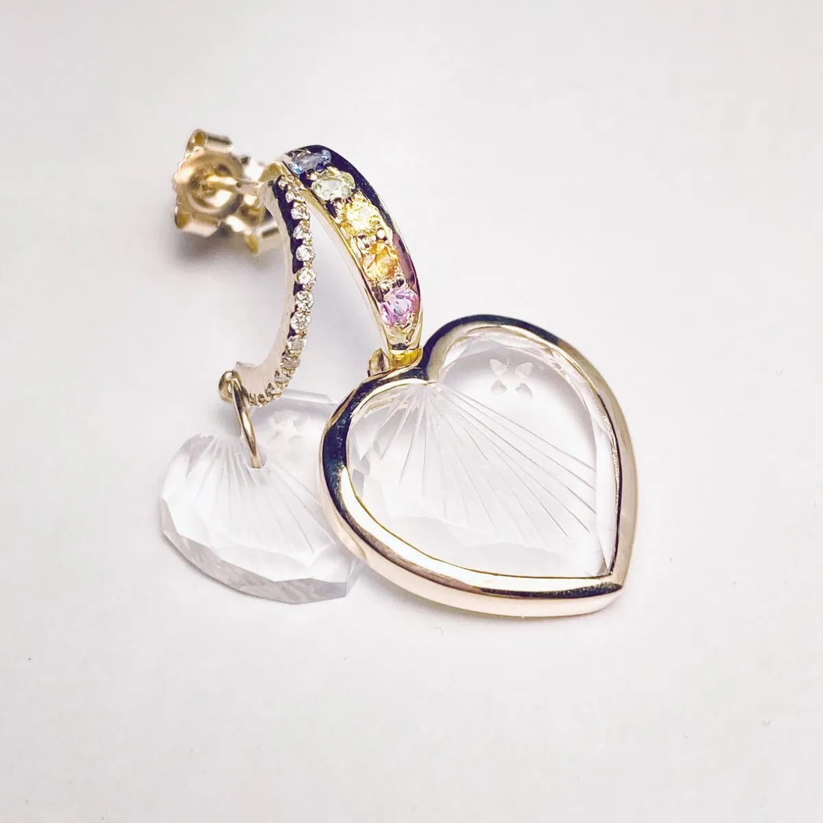 Tomfoolery Gabin No.2 Rainbow Sapphire & Gold Heart Hoop Earring New