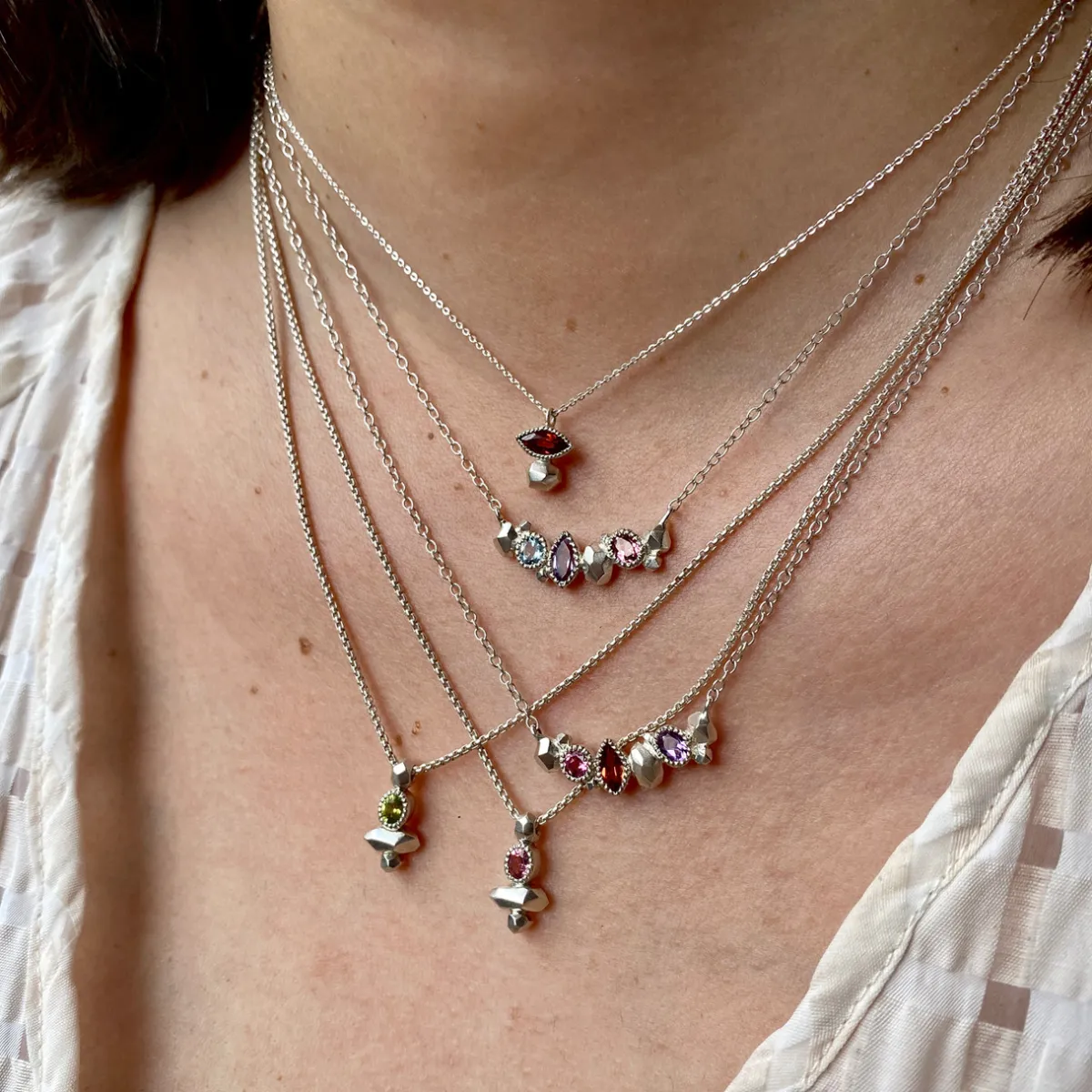 Tomfoolery Gea Column Necklace in Silver with Peridot New
