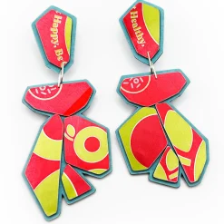 Tomfoolery Geo Brew Recycled Aluminium Drop Earrings in Red & Yellow Clearance