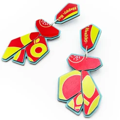 Tomfoolery Geo Brew Recycled Aluminium Drop Earrings in Red & Yellow Clearance