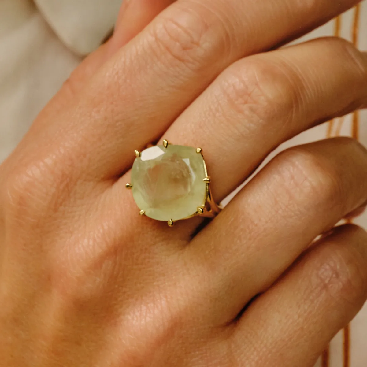 Tomfoolery Gold Pebble Prehnite Ring Clearance