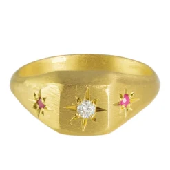 Tomfoolery Gold Square Seal Ring with Diamond & Rubies Best
