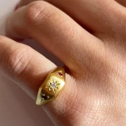 Tomfoolery Gold Square Seal Ring with Diamond & Rubies Best