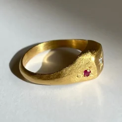 Tomfoolery Gold Square Seal Ring with Diamond & Rubies Best