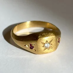 Tomfoolery Gold Square Seal Ring with Diamond & Rubies Best