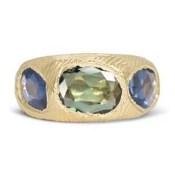 Tomfoolery Green & Blue Sapphire Three Stone Tapered Ring Online