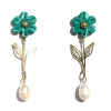 Tomfoolery Green Flower & Pearl Drop Earrings Online