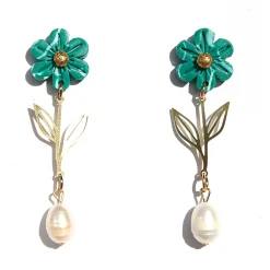 Tomfoolery Green Flower & Pearl Drop Earrings Online