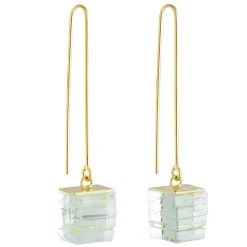 Tomfoolery Green Glass Stack Cube Long Drop Earrings Clearance