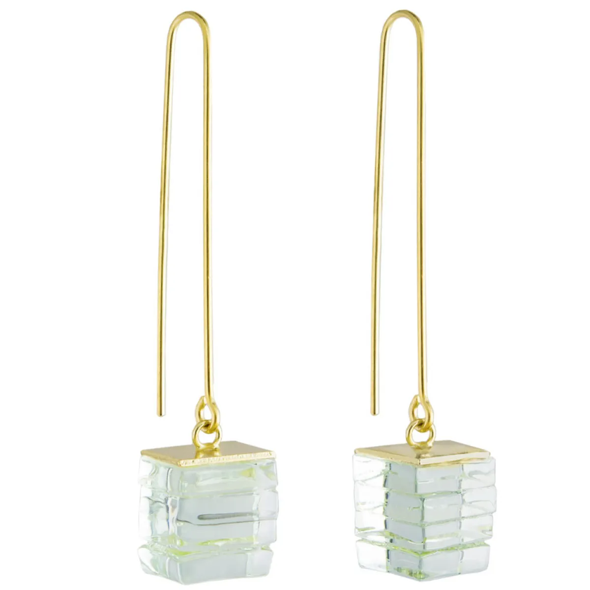 Tomfoolery Green Glass Stack Cube Long Drop Earrings Clearance