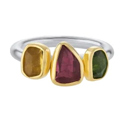 Tomfoolery Green, Pink Tourmaline & Heliodor Three Stone Rounded Band Ring New