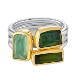 Tomfoolery Green Tourmaline, Gold & Silver Triple Band Ring New