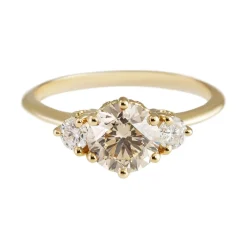 Tomfoolery Hazeline 14ct Yellow Gold Three Stone Champagne & White Diamond Ring New