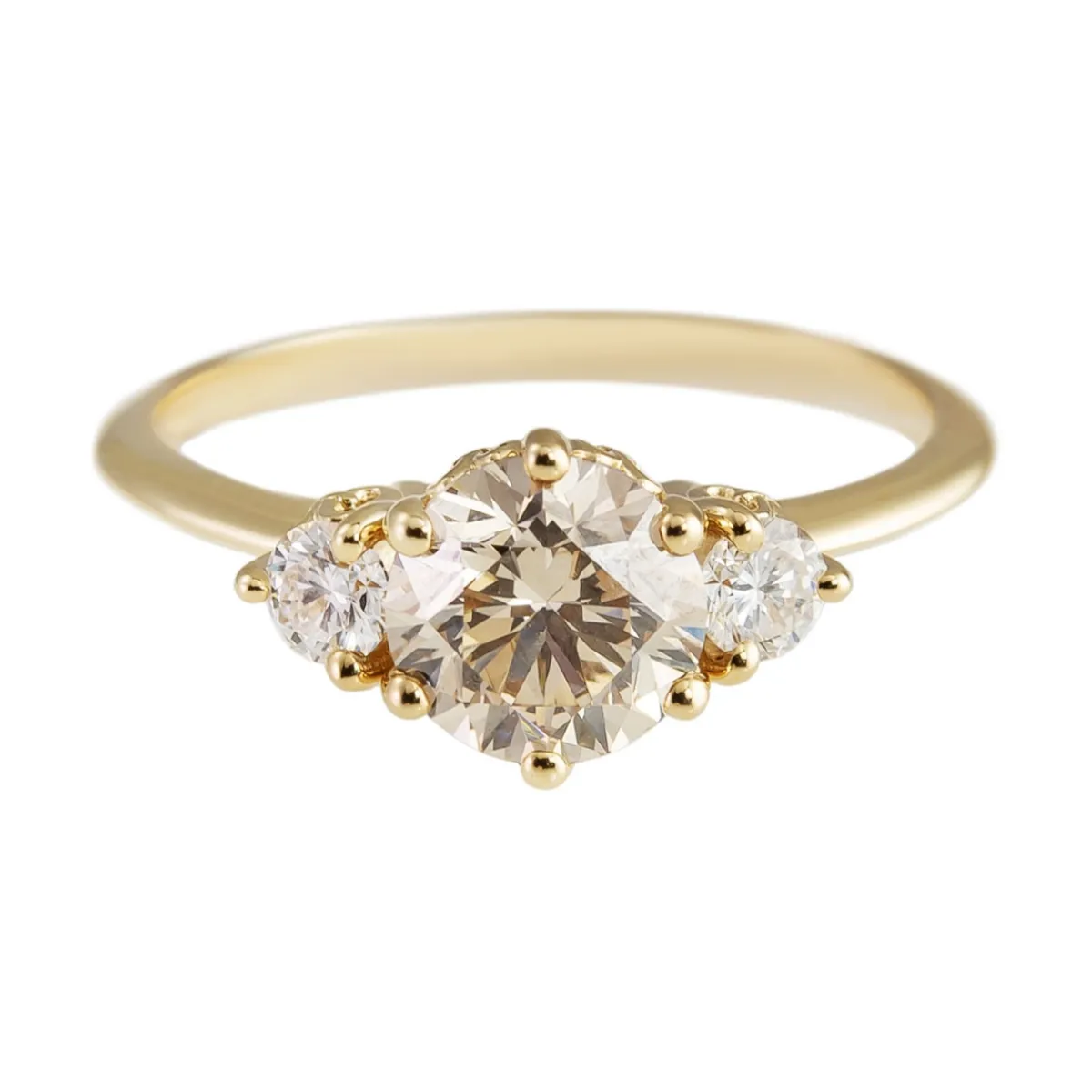 Tomfoolery Hazeline 14ct Yellow Gold Three Stone Champagne & White Diamond Ring New