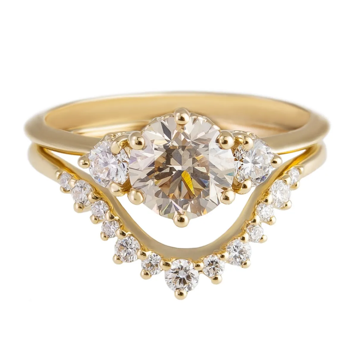 Tomfoolery Hazeline 14ct Yellow Gold Three Stone Champagne & White Diamond Ring New