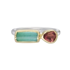 Tomfoolery Irregular Pink & Green Tourmaline Two Stone Ring New