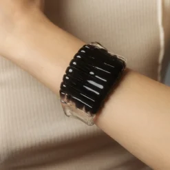 Tomfoolery Jet Black Wide Ribbed Glass Cuff New