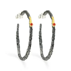 Tomfoolery Large Oxidised Silver, Gold & Ruby Textured Hoops Clearance