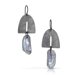 Tomfoolery Medium Oxidised Silver & Pearl Arch Drop Earrings Sale