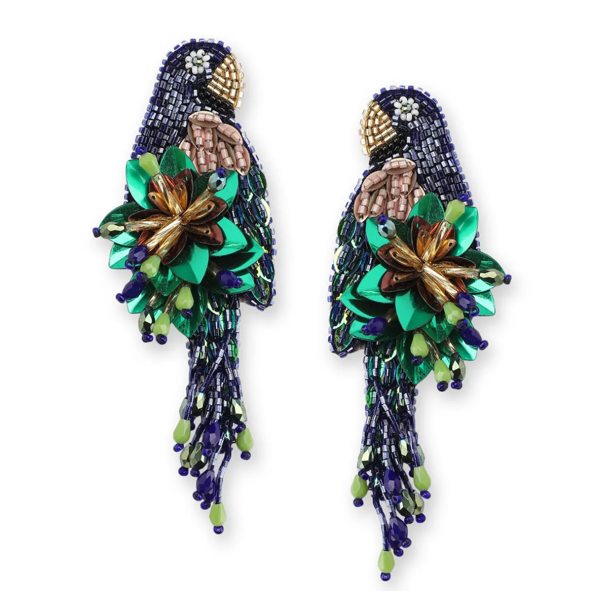 Tomfoolery Navy Green Parrot Beaded Earrings Discount