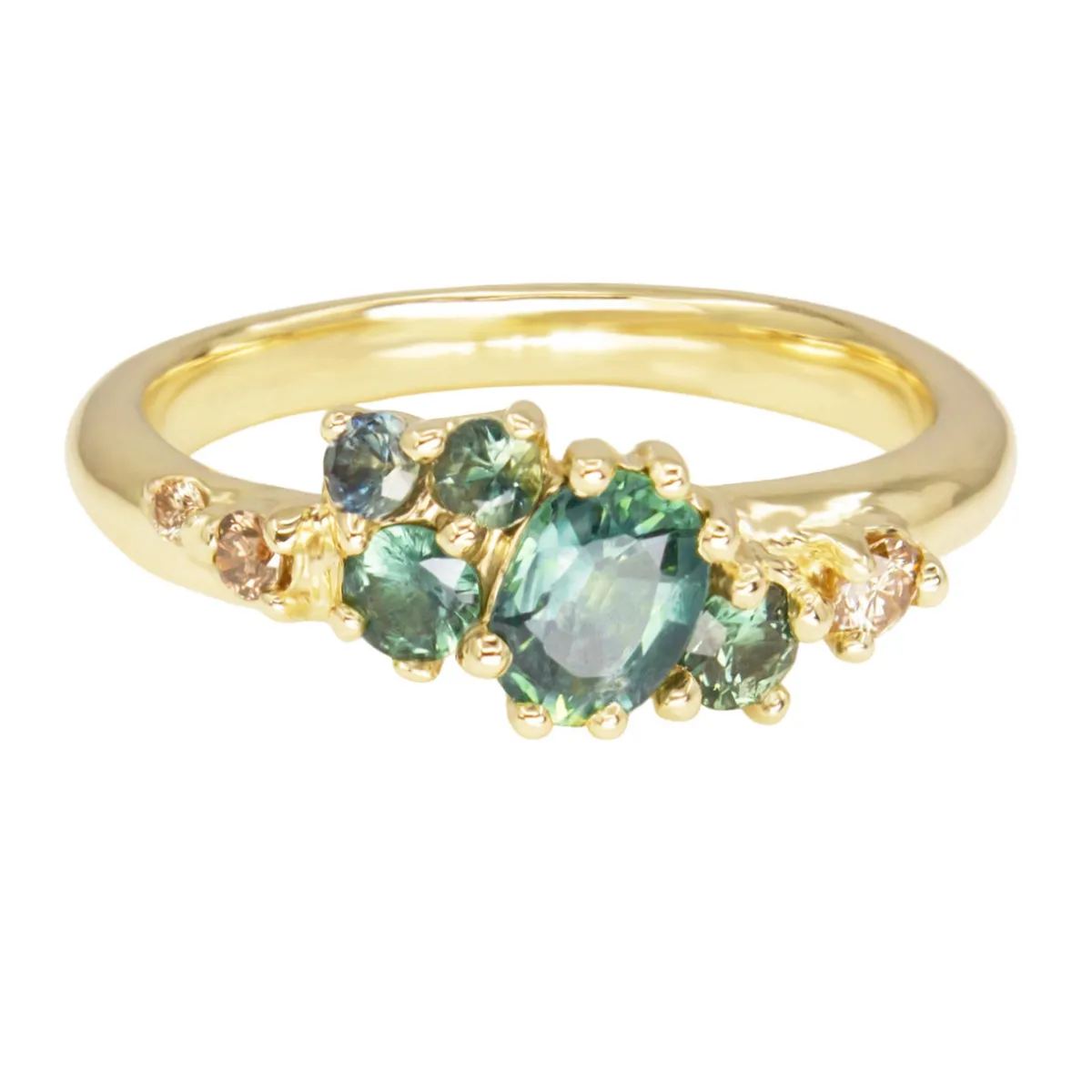 Tomfoolery One-Of-A-Kind Dryad Teal Sapphire & Champagne Diamond Ring Hot