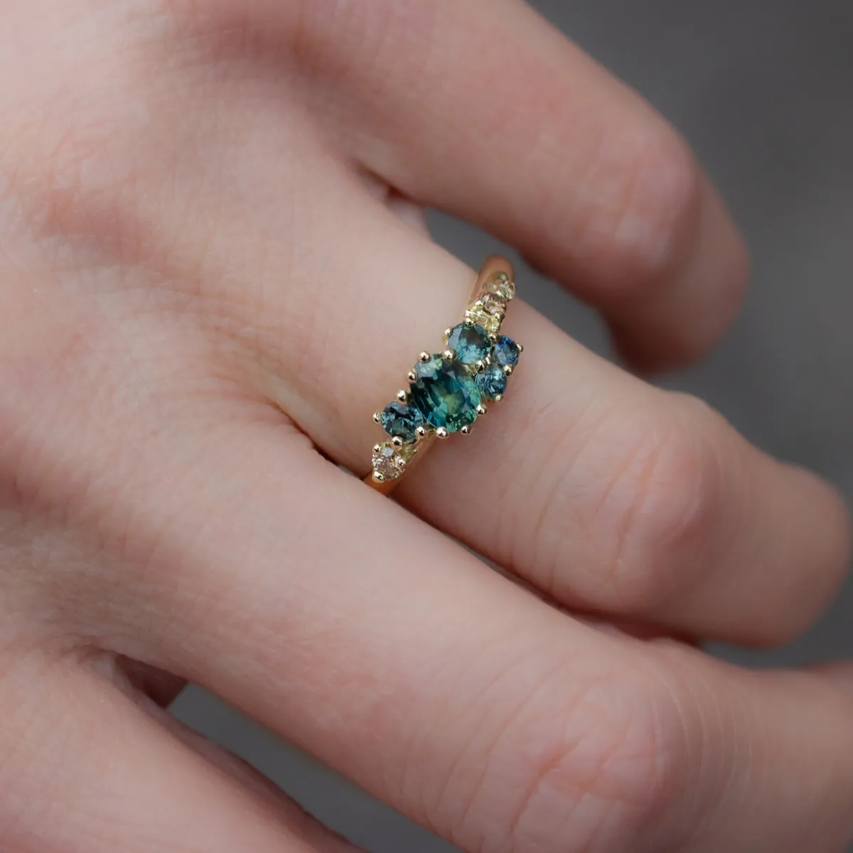Tomfoolery One-Of-A-Kind Dryad Teal Sapphire & Champagne Diamond Ring Hot