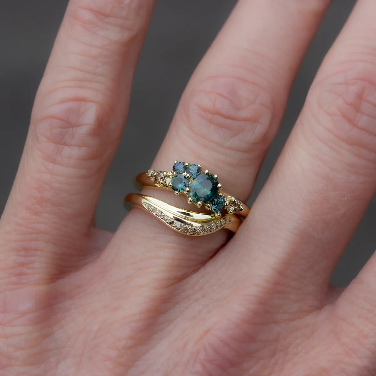 Tomfoolery One-Of-A-Kind Dryad Teal Sapphire & Champagne Diamond Ring Hot